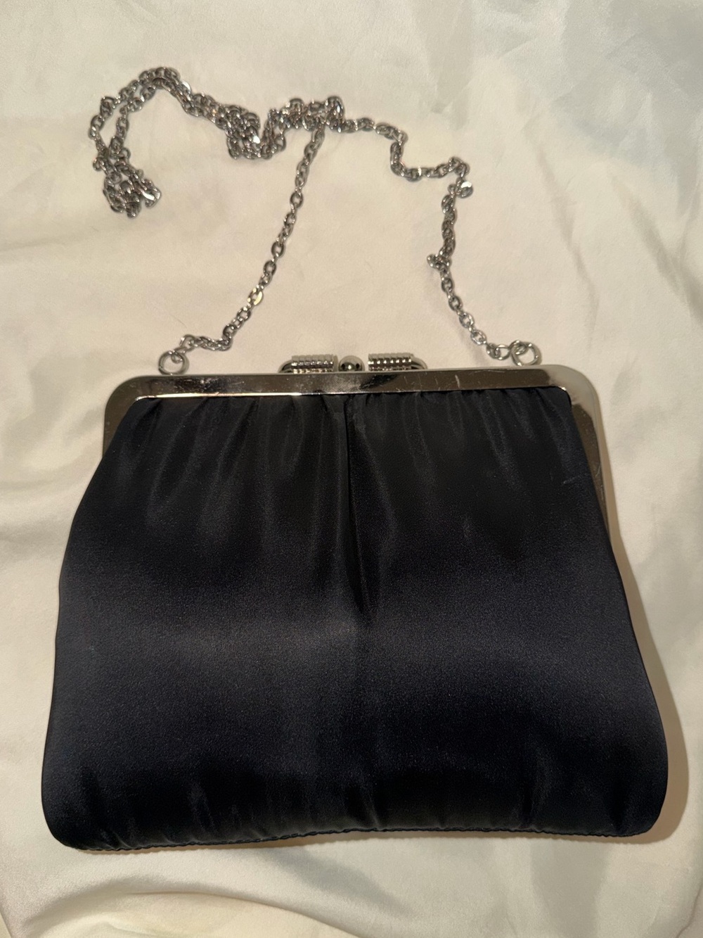 Vintage Black Satin Evening Clutch with Silver Chain Strap